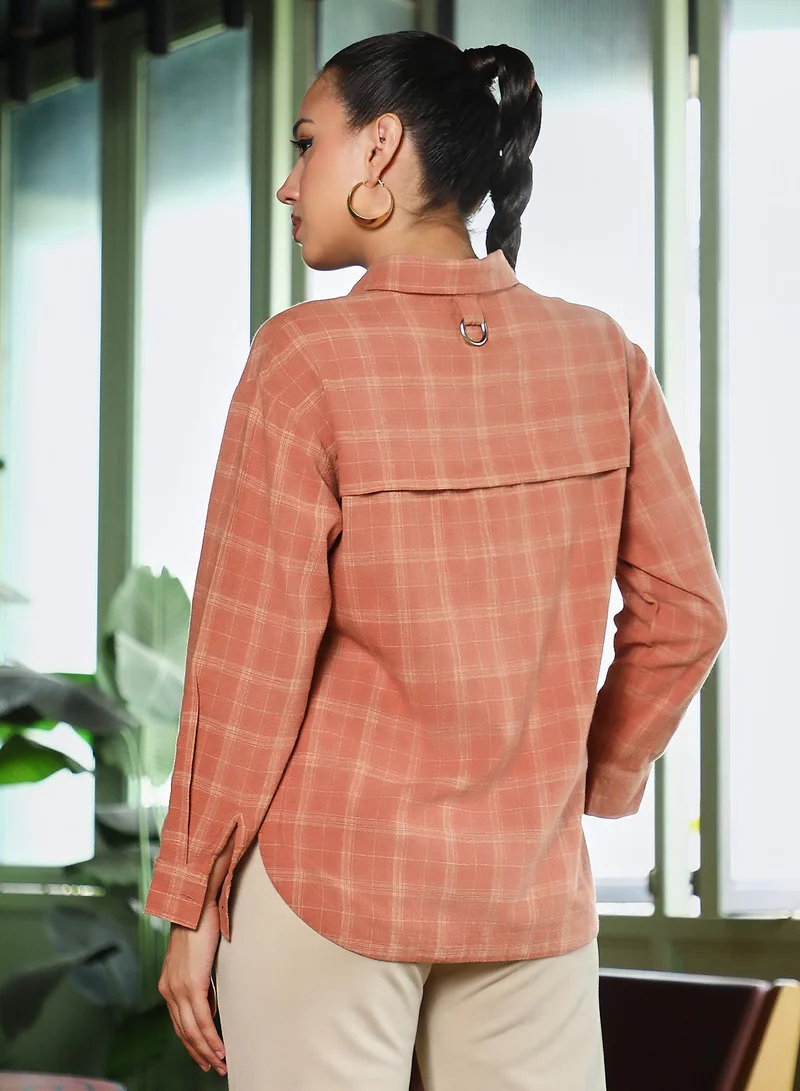 PINACOLADA  Women's Rust Orange Tartan-Plaid Curved Shirt | نساء | أكمام طويلة | مربعات | كاجوال | قميص | طوق منتشر for Women | Best Price UAE
