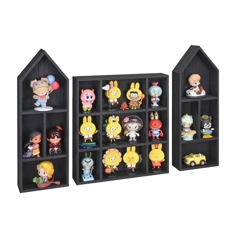 Ikee Design 3 Pcs Set Wooden Shadow Cubby Box Display Shelf Organizer Storage Shadow Box for Collectibles, Mini Figures, 17 compartments, Black Color, 22.8W x 2.4D x 15.7H in - Image 1
