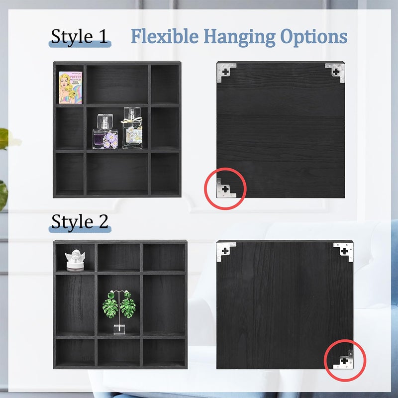 Ikee Design 3 Pcs Set Wooden Shadow Cubby Box Display Shelf Organizer Storage Shadow Box for Collectibles, Mini Figures, 17 compartments, Black Color, 22.8W x 2.4D x 15.7H in - Image 4