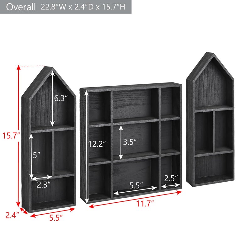 Ikee Design 3 Pcs Set Wooden Shadow Cubby Box Display Shelf Organizer Storage Shadow Box for Collectibles, Mini Figures, 17 compartments, Black Color, 22.8W x 2.4D x 15.7H in - Image 2