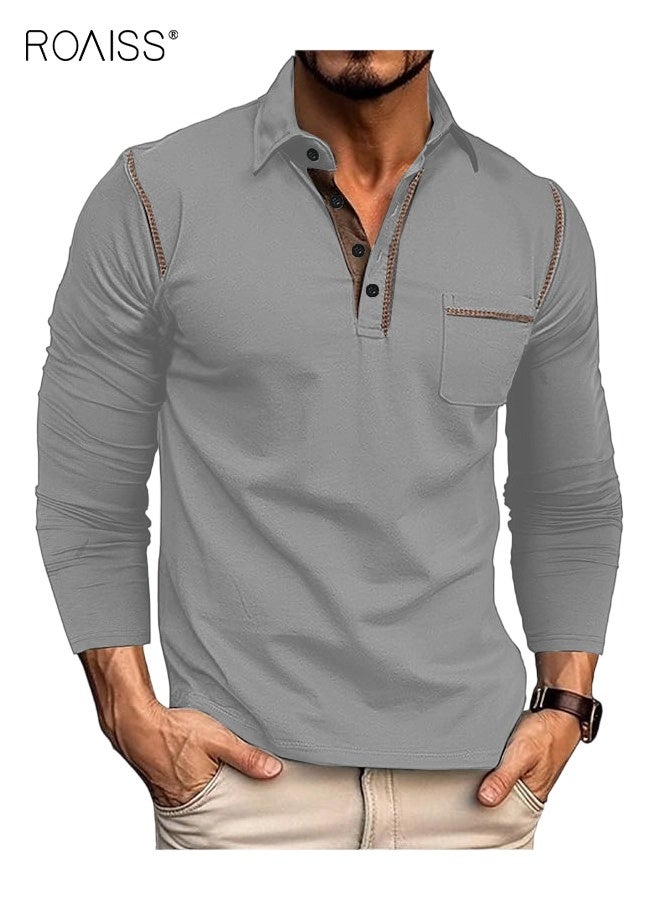 رويس قميص بولو رجالي كاجوال بأكمام طويلة وأزرار أساسية وقمصان جولف خفيفة الوزن من القطن مع جيب - Image 1