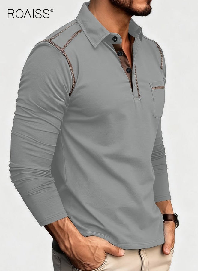 رويس قميص بولو رجالي كاجوال بأكمام طويلة وأزرار أساسية وقمصان جولف خفيفة الوزن من القطن مع جيب - Image 5