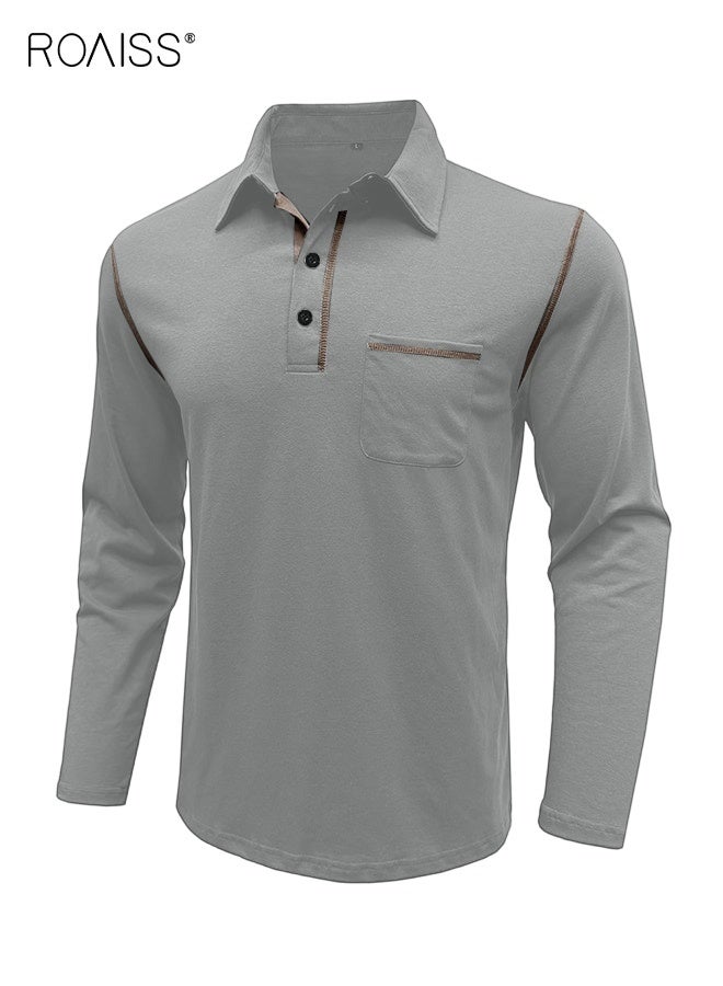 رويس قميص بولو رجالي كاجوال بأكمام طويلة وأزرار أساسية وقمصان جولف خفيفة الوزن من القطن مع جيب - Image 2