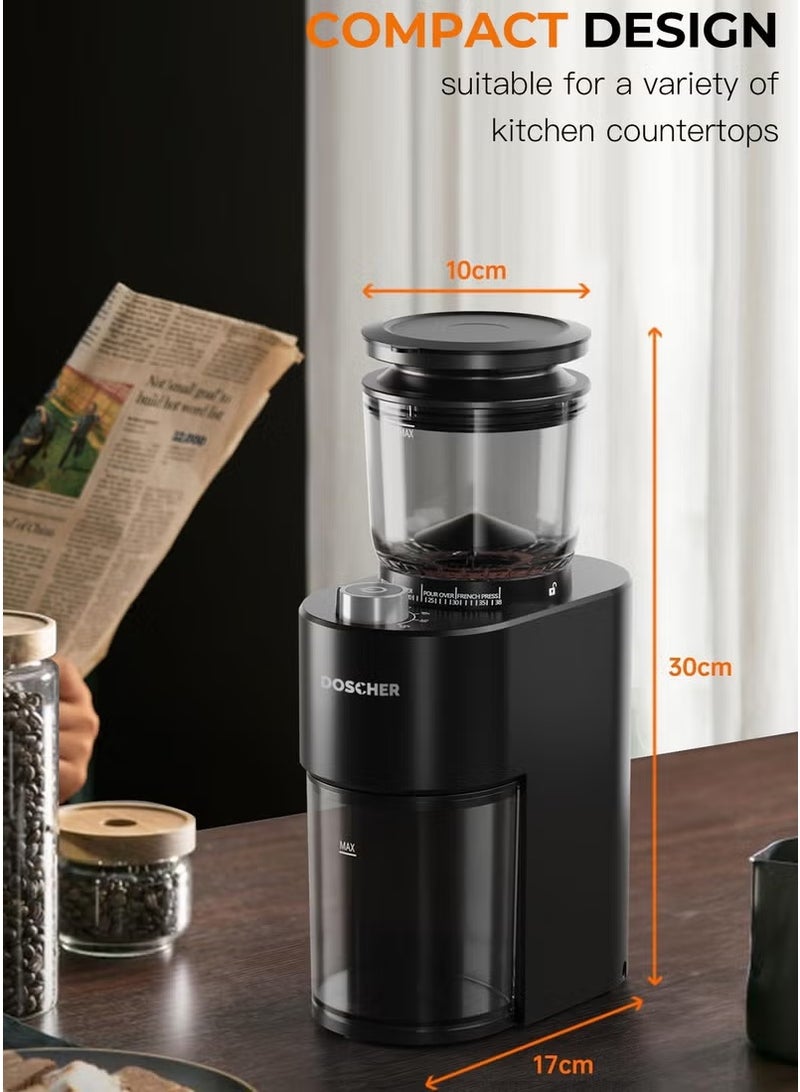 دوشر مطحنة قهوة مخروطية V60، مزودة بشفرات طحن (Burr) مع 38 إعدادًا قابلًا للتعديل لدرجة الطحن، ومؤقت دقيق، وتصميم مضاد للكهرباء الساكنة.  مناسبة لتحضير الإسبريسو، القهوة المقطرة، القهوة بالتنقيط اليدوي (Pour Over)، القهوة الباردة (Cold Brew)، والقهوة الفرنسية (French Press). - Image 4