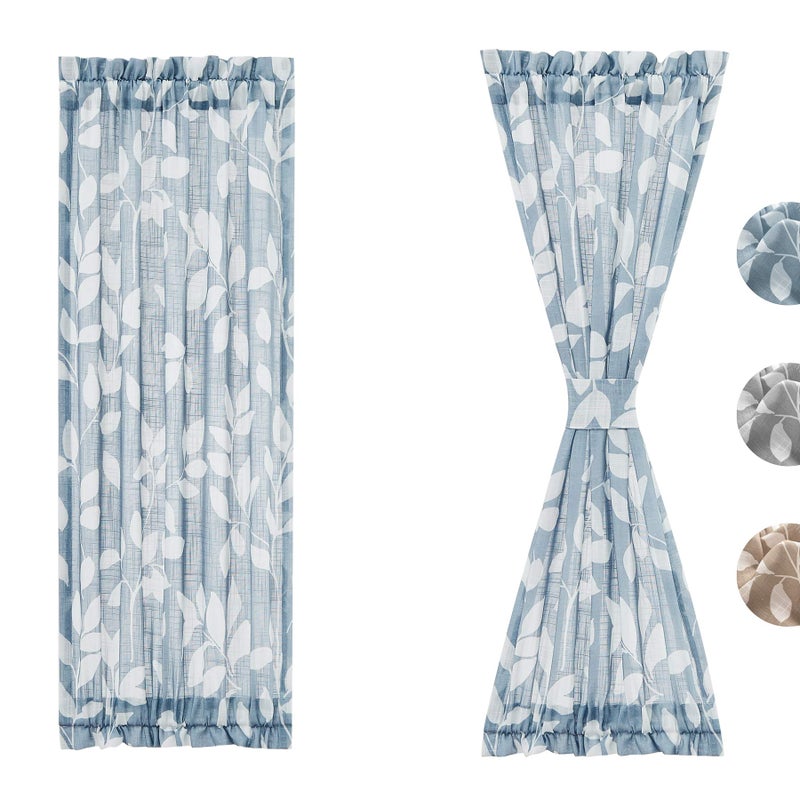 Treatmentex Side Light French Door Curtains 72" Long Blue White Leaf Window Curtains for Glass Door Linen Texture Privacy Front Back Door Panel Set 26" w x 2 Panels - Image 1