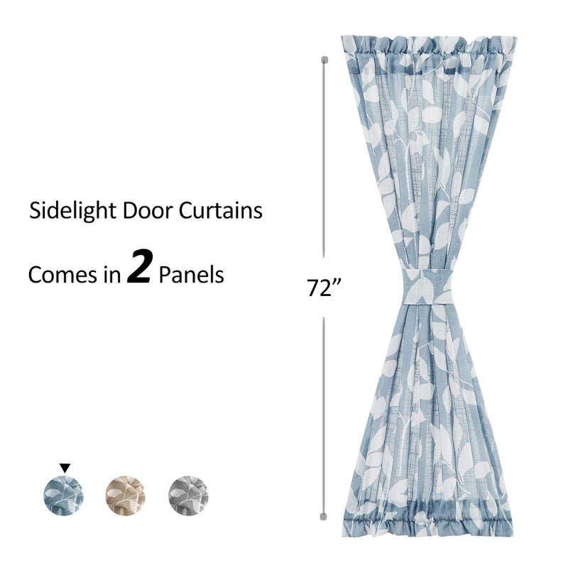 Treatmentex Side Light French Door Curtains 72" Long Blue White Leaf Window Curtains for Glass Door Linen Texture Privacy Front Back Door Panel Set 26" w x 2 Panels - Image 2