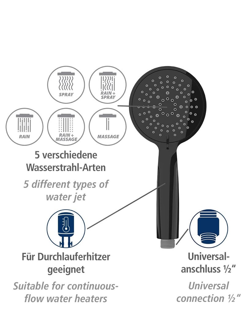 Wenko Young Black Shower Head - Universal Shower Head with 5 Jet Types, Plastic (ABS), 11 x 11 cm, Black - Image 3