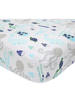 Lambs & Ivy Lambs & Ivy Oceania 100% Cotton Fitted Crib Sheet - White with Blue Nautical/Aquatic Fish and Octopus  - Image 1