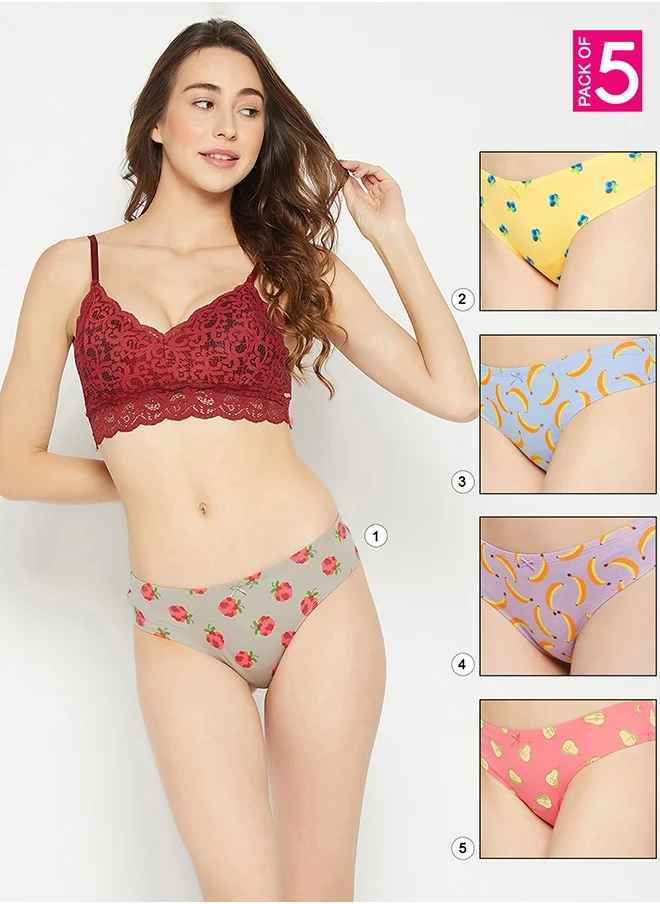 كلوفيا Clovia Pack of 5 Low Waist Fruits Printed Thong with Inner Elastic - Cotton