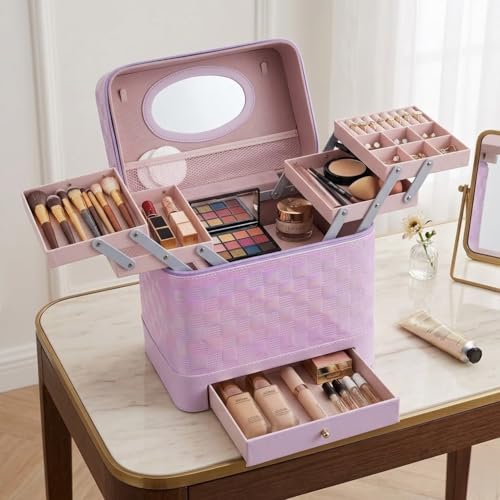 SHAMAX Vanity Box with Mirror | 3-Tier Expandable Trays & Drawer | Portable PU Leather Makeup Organizer for Women | Waterproof, Durable & Wedding Gift Storage Case (28x18x26.5 cm) (Purple) - Image 3