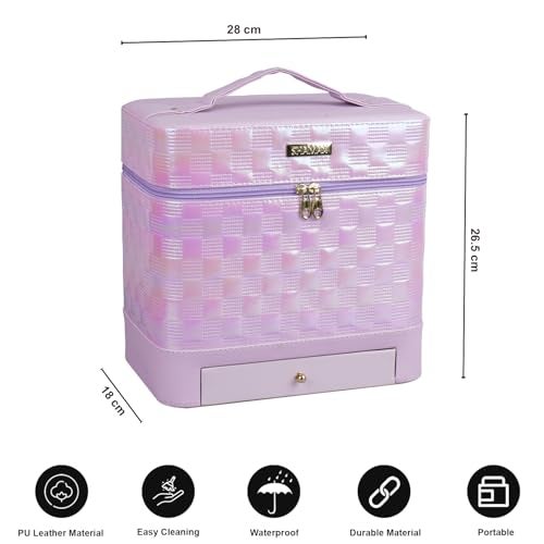 SHAMAX Vanity Box with Mirror | 3-Tier Expandable Trays & Drawer | Portable PU Leather Makeup Organizer for Women | Waterproof, Durable & Wedding Gift Storage Case (28x18x26.5 cm) (Purple) - Image 4