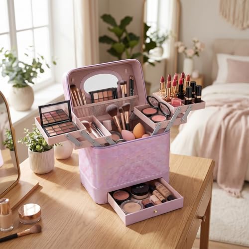 SHAMAX Vanity Box with Mirror | 3-Tier Expandable Trays & Drawer | Portable PU Leather Makeup Organizer for Women | Waterproof, Durable & Wedding Gift Storage Case (28x18x26.5 cm) (Purple) - Image 5
