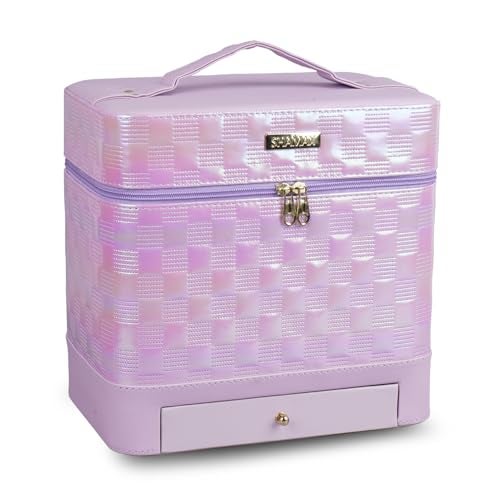 SHAMAX Vanity Box with Mirror | 3-Tier Expandable Trays & Drawer | Portable PU Leather Makeup Organizer for Women | Waterproof, Durable & Wedding Gift Storage Case (28x18x26.5 cm) (Purple) - Image 1