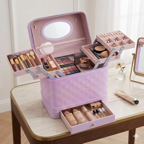 SHAMAX Vanity Box with Mirror | 3-Tier Expandable Trays & Drawer | Portable PU Leather Makeup Organizer for Women | Waterproof, Durable & Wedding Gift Storage Case (28x18x26.5 cm) (Purple) - Image 2