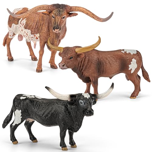THINKBAY 3PCS 6 Large Farm Texas Longhorn Bull Cow Toys for Toddlers Solid Farm Animals Toys for Kids Realistic Plastic Cow Bull Figurines Cake Toppers Birthday Gift Party Favors for Kids - Image 1