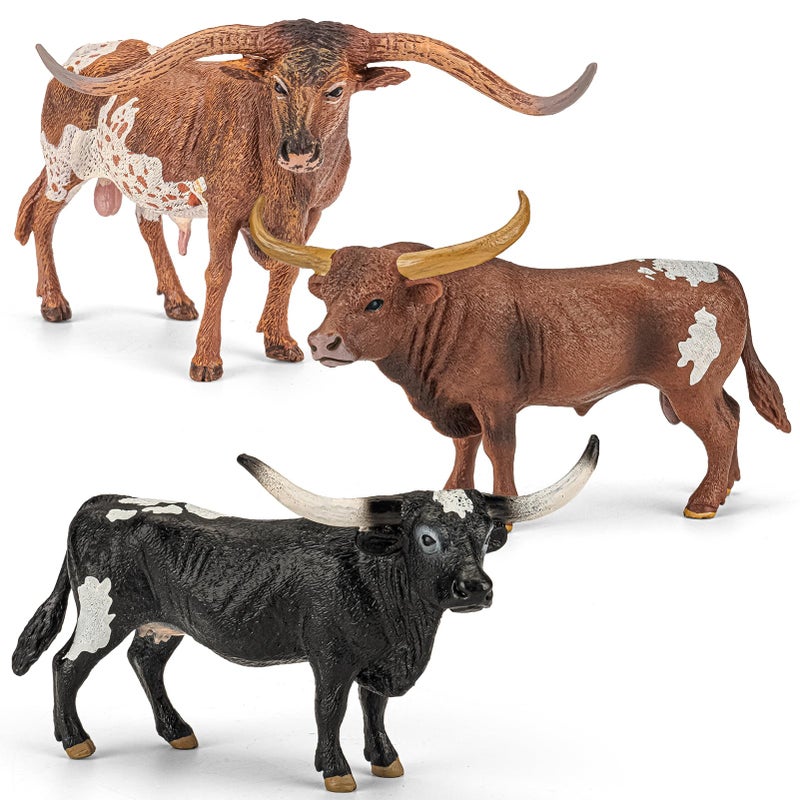 THINKBAY 3PCS 6 Large Farm Texas Longhorn Bull Cow Toys for Toddlers Solid Farm Animals Toys for Kids Realistic Plastic Cow Bull Figurines Cake Toppers Birthday Gift Party Favors for Kids - Image 3