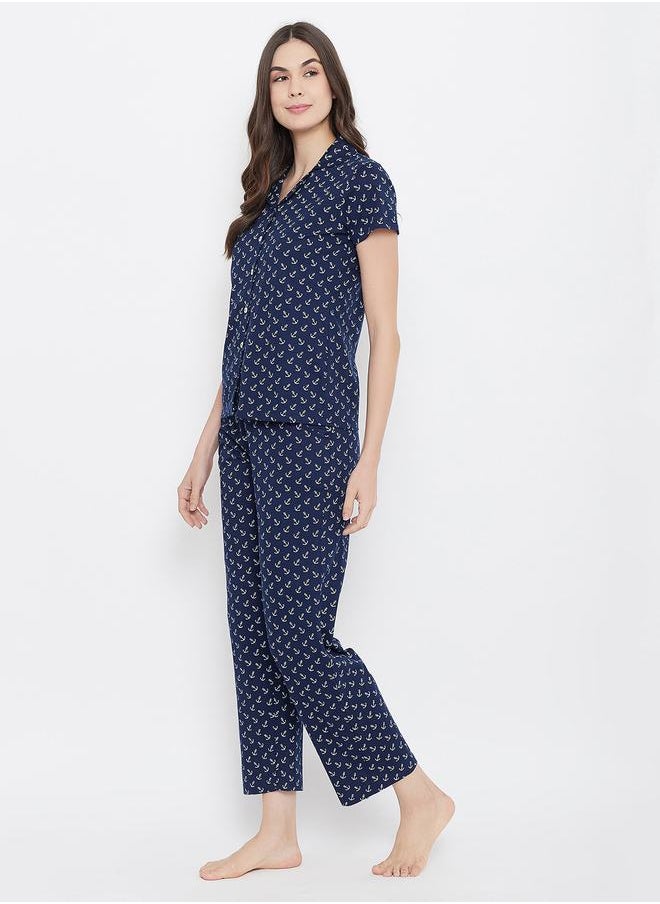Clovia All Over Anchor Print Short Sleeve Shirt & Pyjama Set by Styli  - Image 2