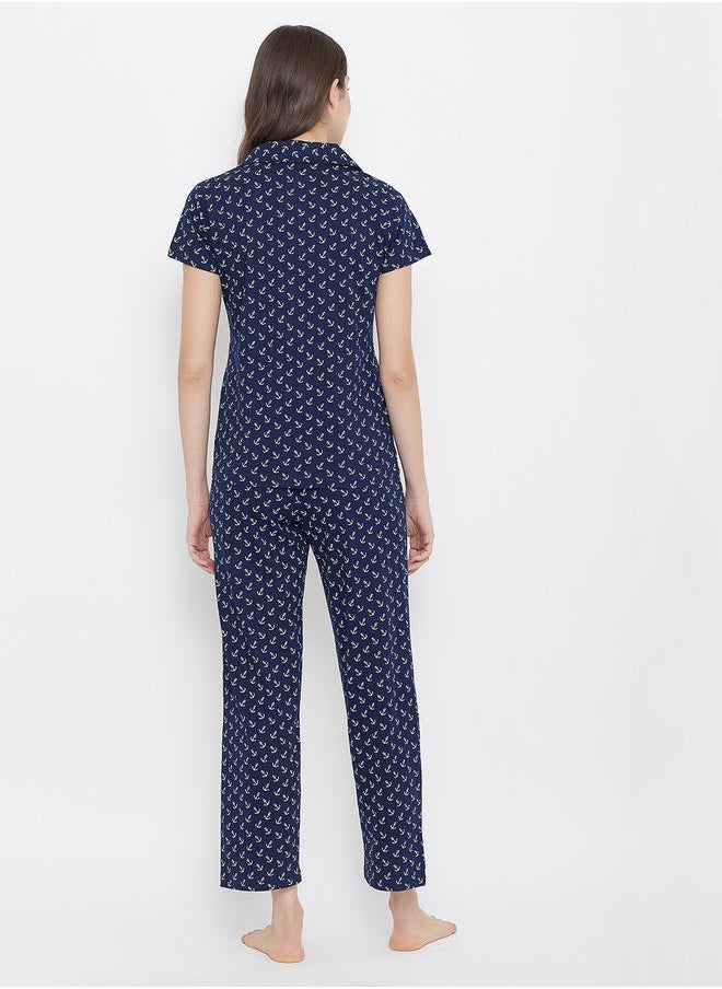 Clovia All Over Anchor Print Short Sleeve Shirt & Pyjama Set by Styli  - Image 4