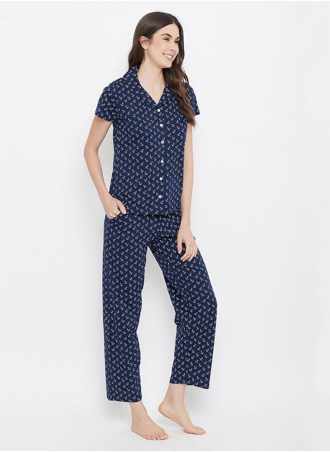 Clovia All Over Anchor Print Short Sleeve Shirt & Pyjama Set by Styli  - Image 3