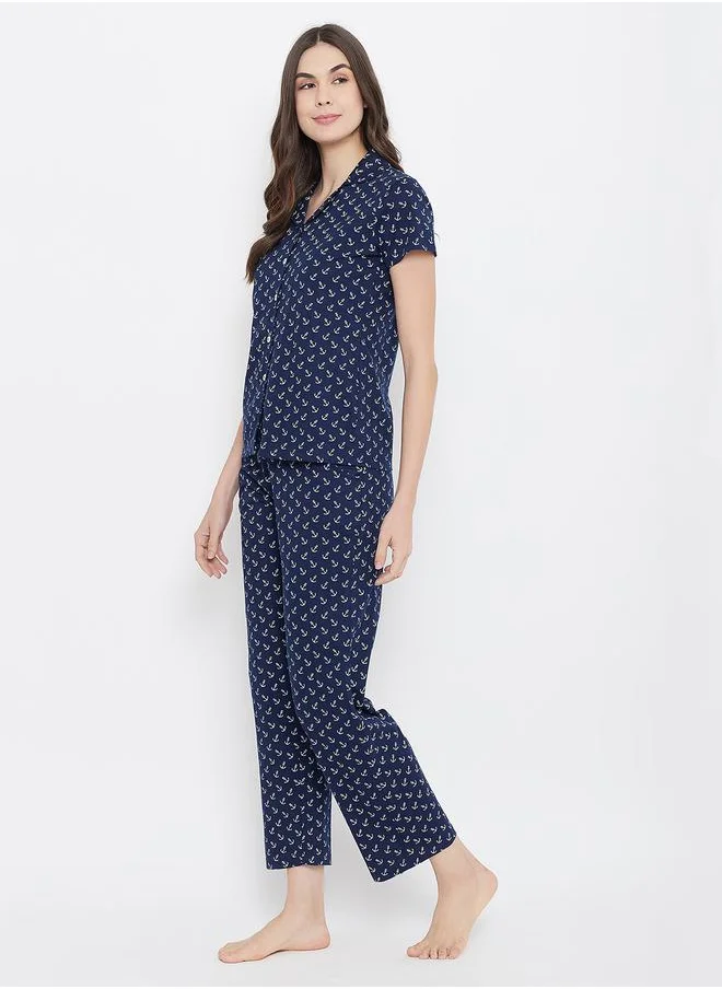 Clovia All Over Anchor Print Short Sleeve Shirt & Pyjama Set