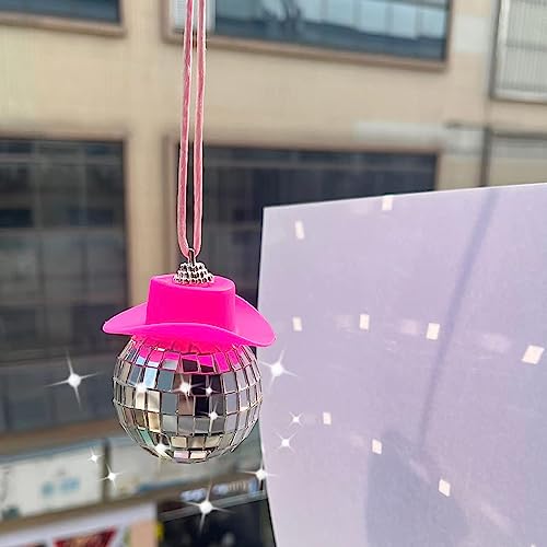 SPANSEE Pink Disco Ball Car Ornament, Mirror Ornament, Cowboy Hat Accessory, Cute Disco Ball Charm Accessories - Image 2