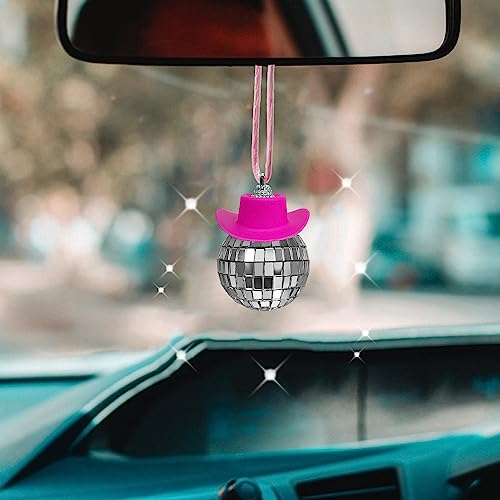 SPANSEE Pink Disco Ball Car Ornament, Mirror Ornament, Cowboy Hat Accessory, Cute Disco Ball Charm Accessories - Image 1
