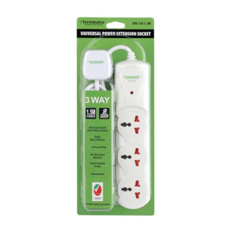 TPB 13A 3-Way Universal Extension Socket 1.5M Cable, LED Indicator, MoIAT Approved, Fire-Retardant ABS Body, 13A Fused UK Plug, Compact Power Strip for Home, Office and Electronics - Image 2