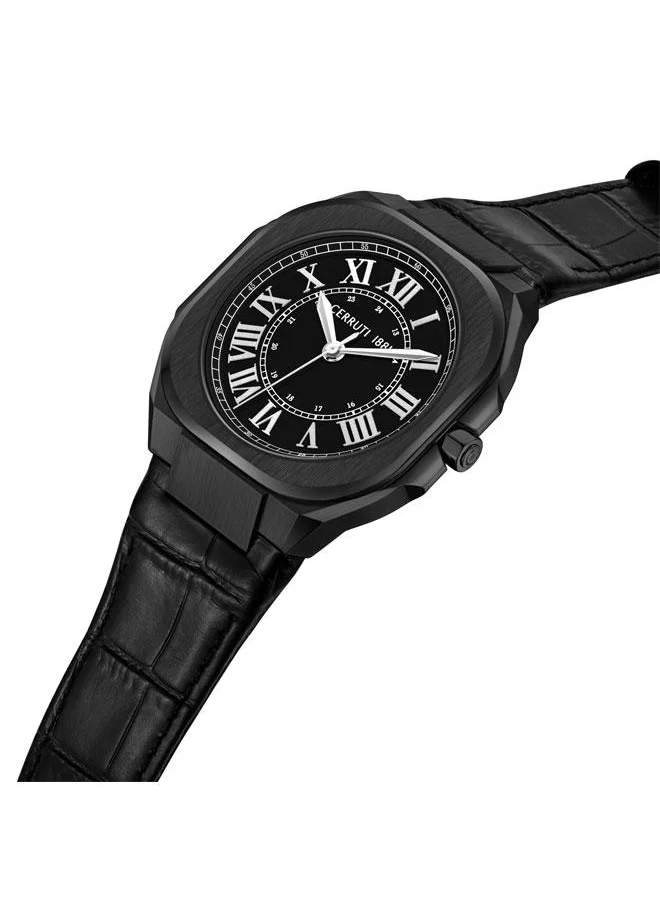 CERRUTI 1881 Leadri 42mm Black Enamel Dial Watch with Croco Black Premium Leather Strap