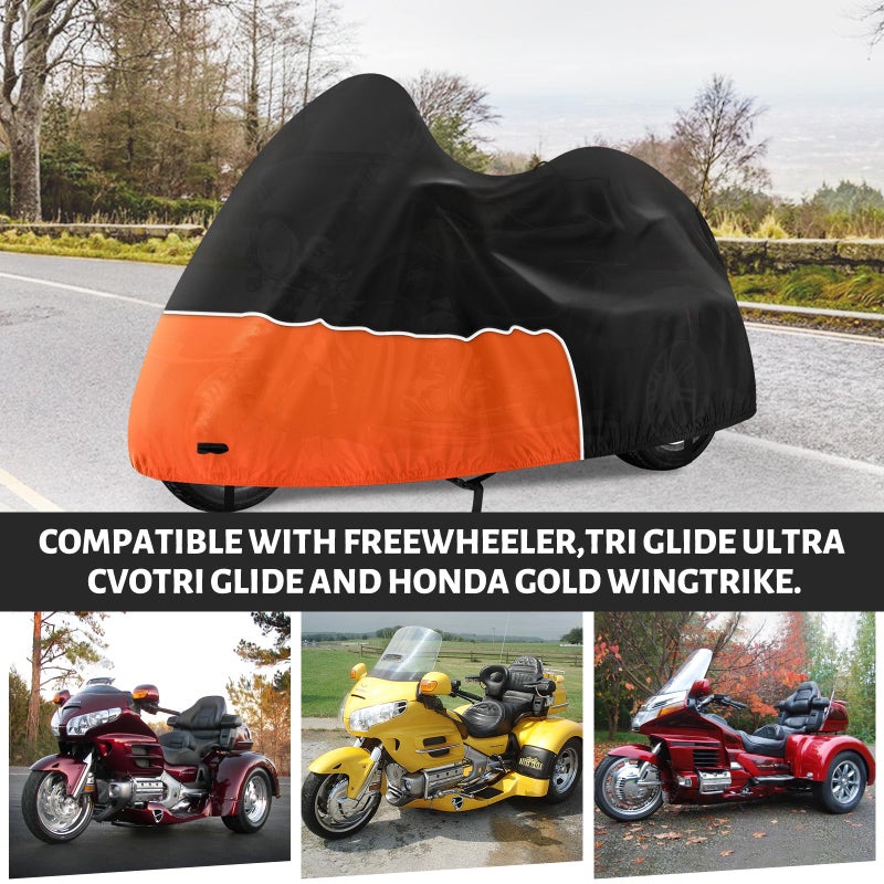 Keyless4U Trike Cover, Waterproof 3 Wheel Motorcycle Cover for Harley Davidson, Honda Goldwing, Kawasaki Trike Accessories, with Windproof Buckle, Reflective Strap, Black&Orange - Image 3