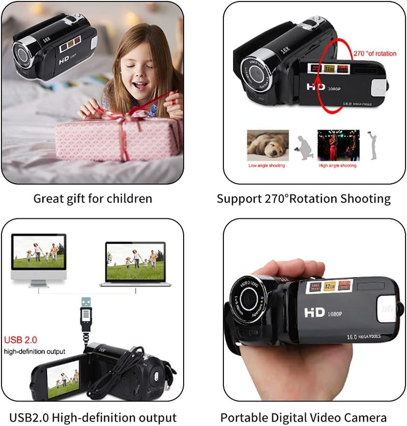 cheekyglo Camera Camcorder, Portable Digital Video Camcorder Handy Camera Full HD 270° Rotation 1080P 16X High Definition Digital Camcorder Video DV Camera Great Gift for Kids(Black) - Image 4