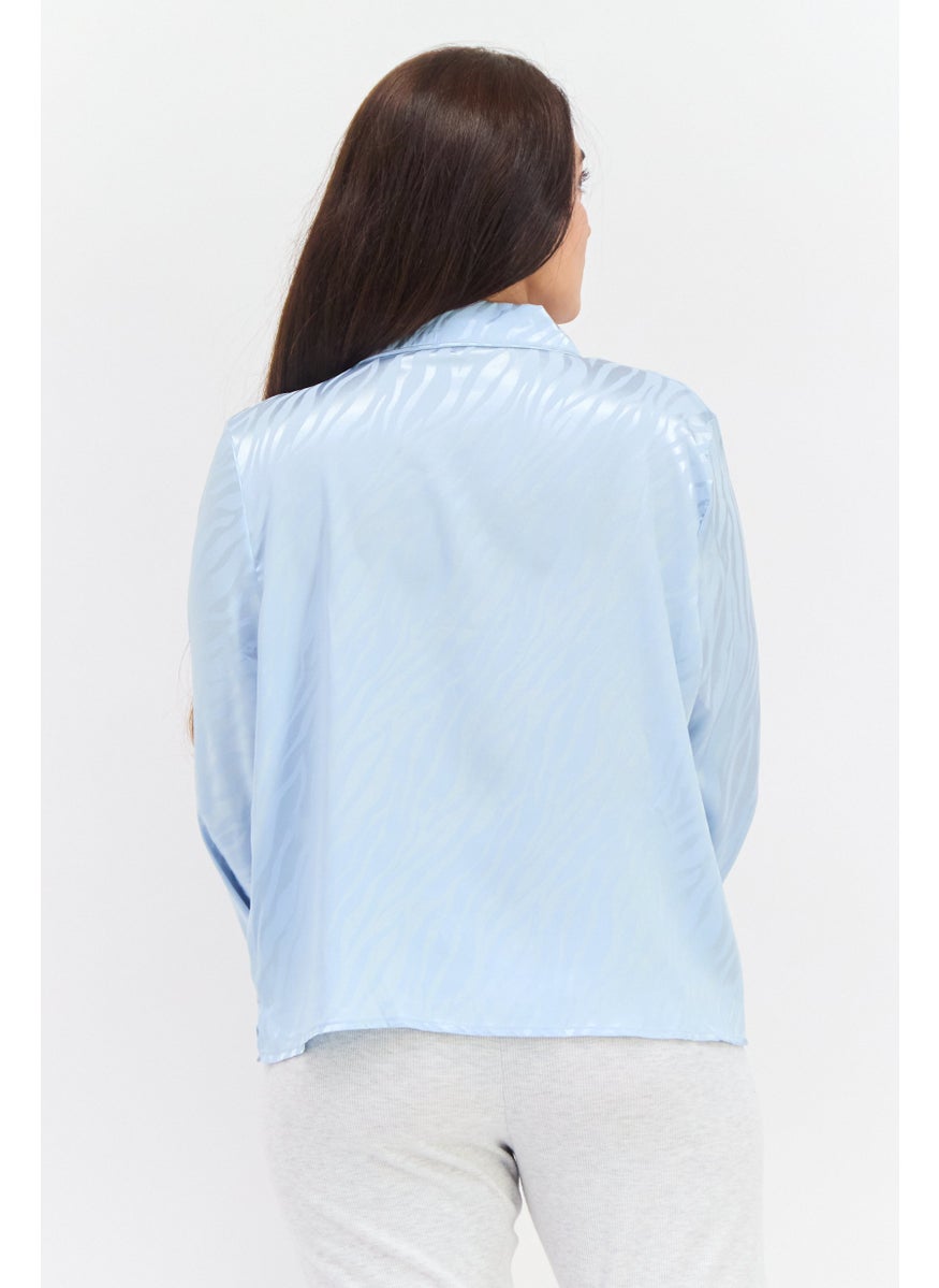 UNDIZ Women Allover Print Long Sleeve Pajama Shirt, Light Blue  - Image 3
