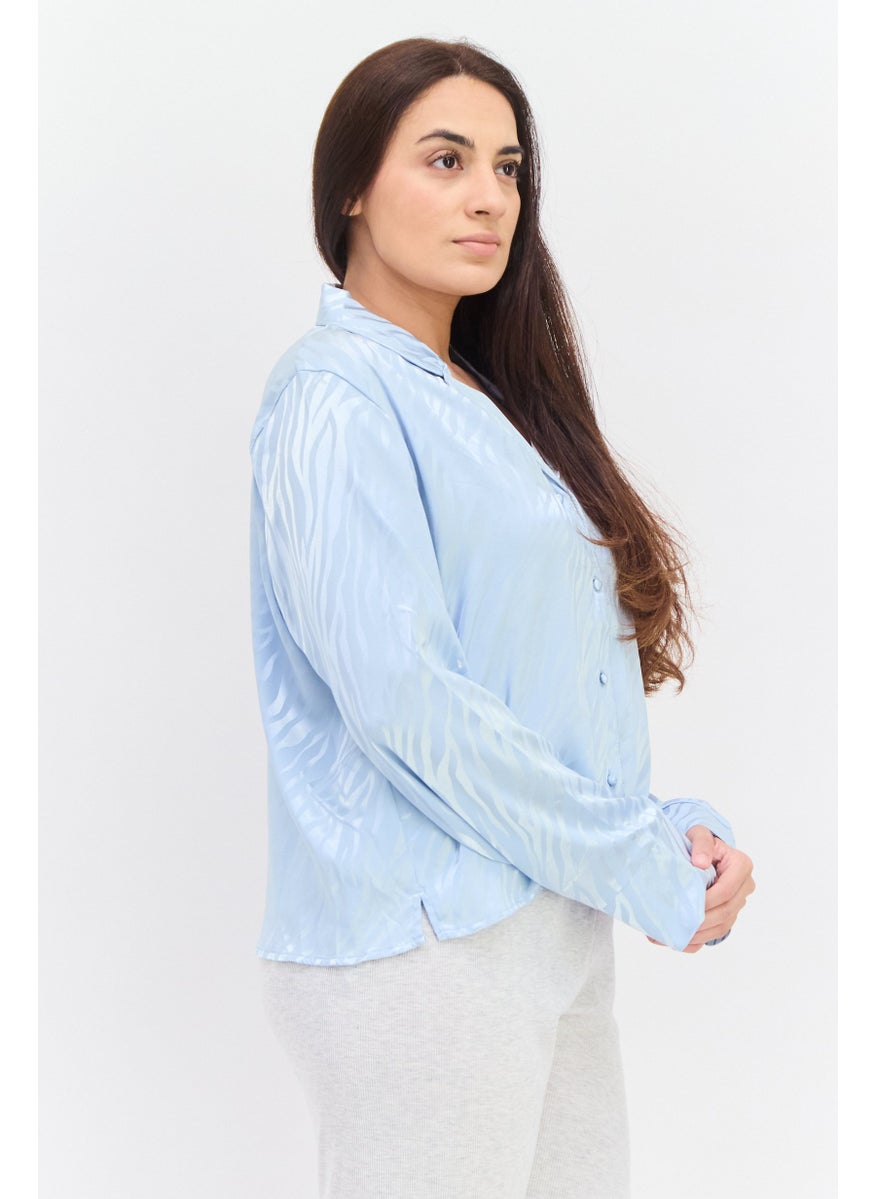 UNDIZ Women Allover Print Long Sleeve Pajama Shirt, Light Blue  - Image 2