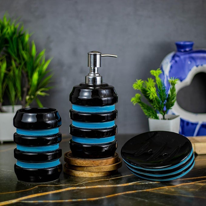 CERAMIC BATHROOM ACCESSORIES SET FOR UTILITY AND BATHROOM DECOR LIQUID SOAP DISPENSER SOAP TRAY TOOTHBRUS HOLDER GLOSSY SKY BLUE AND BLACK GOA_8