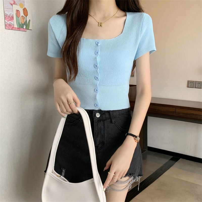 Pure Wish Soft Waxy Baby Blue Knitted Short-Sleeved T-Shirt New Style Knitted Shoulder Summer Design Short Clavicle Top - Image 2