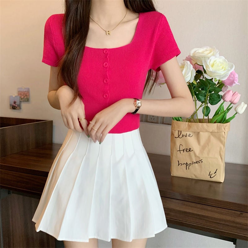 Pure Wish Soft Waxy Baby Blue Knitted Short-Sleeved T-Shirt New Style Knitted Shoulder Summer Design Short Clavicle Top - Image 4