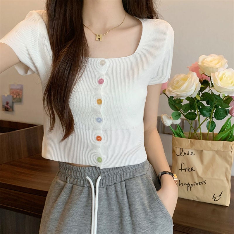 Pure Wish Soft Waxy Baby Blue Knitted Short-Sleeved T-Shirt New Style Knitted Shoulder Summer Design Short Clavicle Top - Image 1