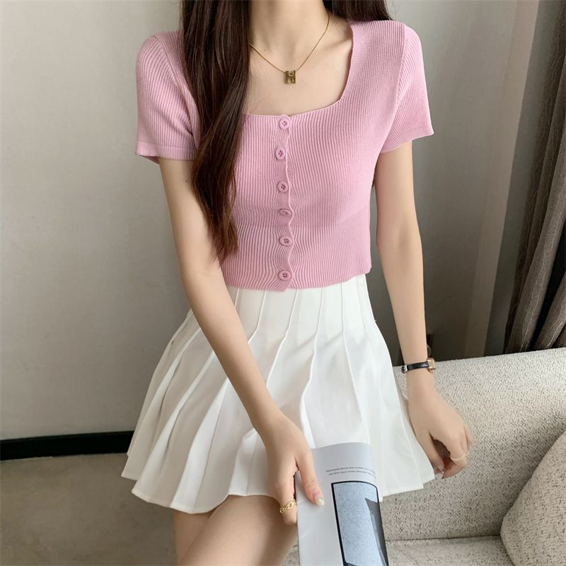 Pure Wish Soft Waxy Baby Blue Knitted Short-Sleeved T-Shirt New Style Knitted Shoulder Summer Design Short Clavicle Top - Image 5