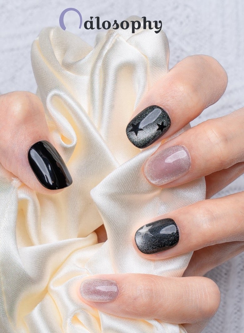 Nailosophy 10 Pcs Handmade Gel Press On Nails Short Square Black White Grey Star Moon Celestial Reusable False Nails Nail Kit for Women Wedding Party Special Occasions Gift Eid - Image 1