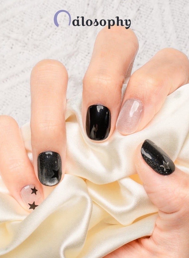 Nailosophy 10 Pcs Handmade Gel Press On Nails Short Square Black White Grey Star Moon Celestial Reusable False Nails Nail Kit for Women Wedding Party Special Occasions Gift Eid - Image 3