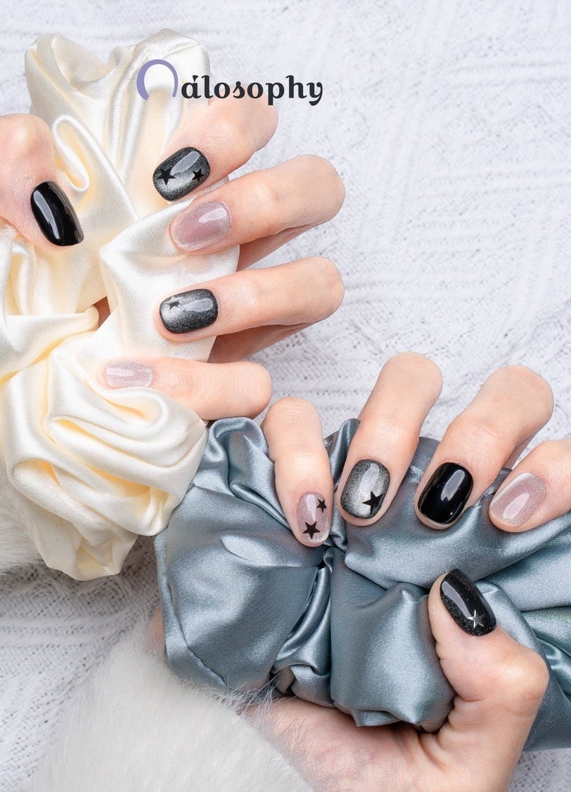 Nailosophy 10 Pcs Handmade Gel Press On Nails Short Square Black White Grey Star Moon Celestial Reusable False Nails Nail Kit for Women Wedding Party Special Occasions Gift Eid - Image 2