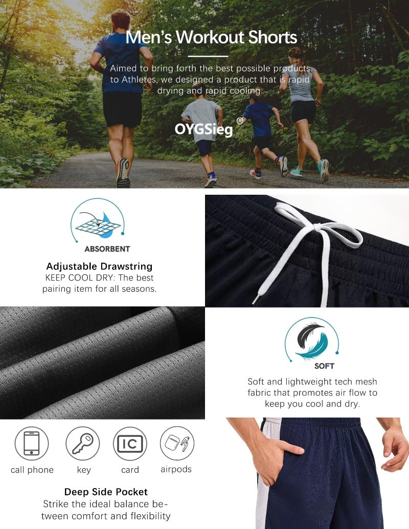 OYGSieg 6 Pack Mens Mesh Athletic Basketball Shorts Gym Shorts with Pockets, Quick Dry Workout Running Shorts Casual for Men M - Image 3