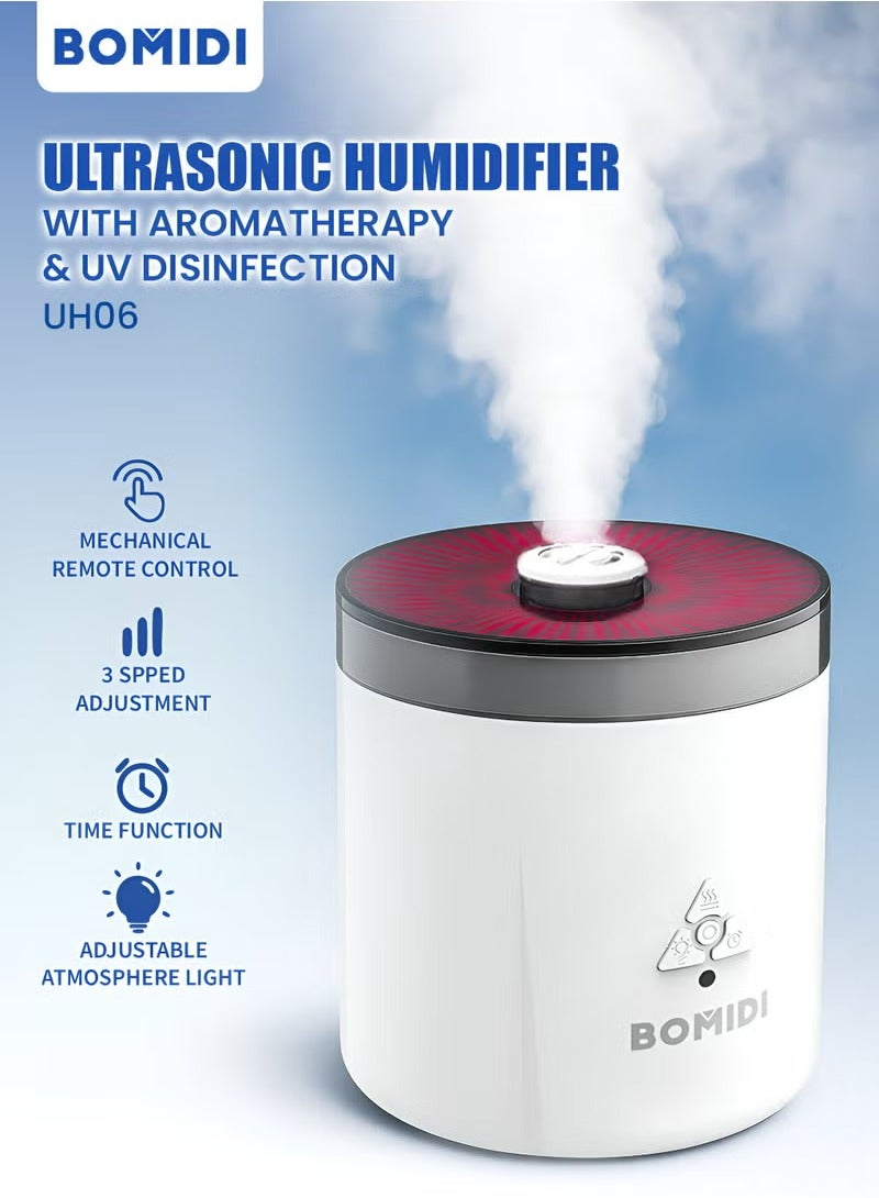 BOMIDI بوميدي مرطب هواء بالموجات فوق الصوتية مع العلاج بالروائح والتعقيم بالأشعة فوق البنفسجية - 3 سرعات قابلة للتعديل، 7 ألوان للضوء، تحكم عن بُعد وتحكم ميكانيكي، إيقاف تشغيل تلقائي، تعبئة من الأعلى، وضع المكتب والدلو - BMD - UH06 - Image 2