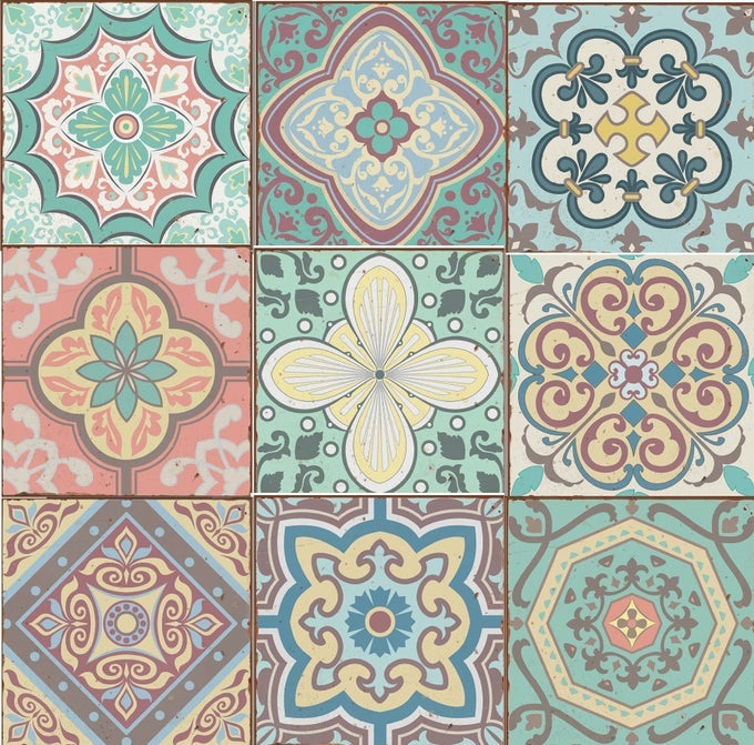 PACK OF 9 MIXED PASTEL TILE STICKERS VICTORIAN MOROCCAN RETRO TRADITIONAL STYLE MOSAIC STYLE SELFADHESIVE WALL ART DECOR TRANSFERS BATHROOM KITCHEN SPLASHBACKS FLORAL DECAL PEEL STICK 15X15CM