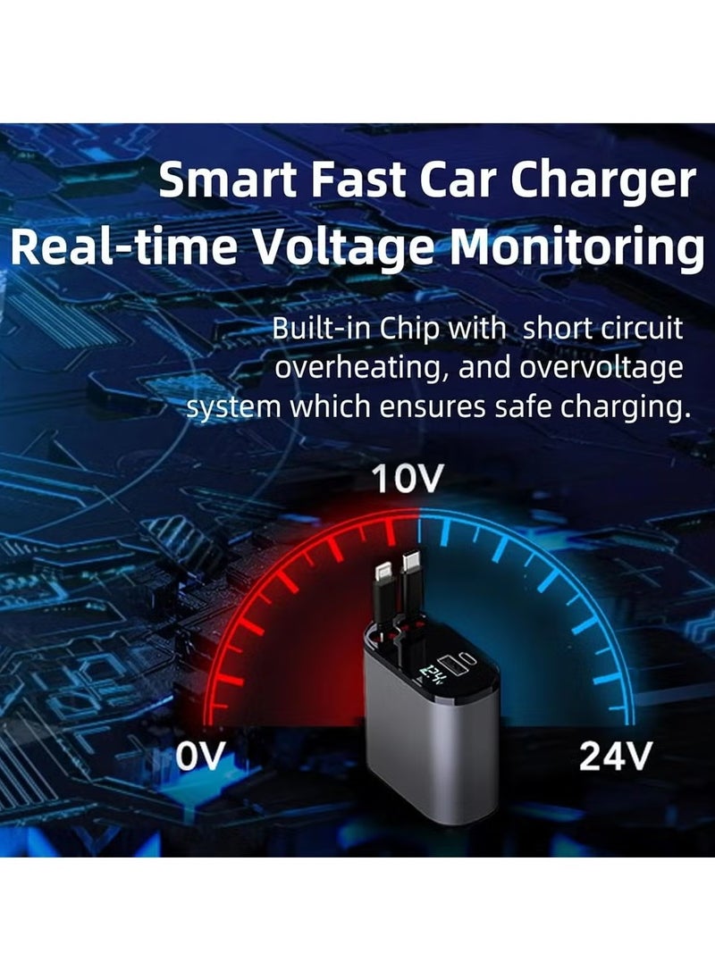 Car Charger 84W - Fast Charging 4-in-1 Adapter with Collapsible Lightning & Type C Cables, Dual USB Ports & Voltage Display - 84W Compatible with iPhone, iPad, Galaxy -Powerfull Output