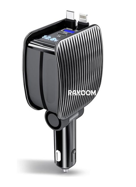 Car Charger 84W - Fast Charging 4-in-1 Adapter with Collapsible Lightning & Type C Cables, Dual USB Ports & Voltage Display - 84W Compatible with iPhone, iPad, Galaxy -Powerfull Output