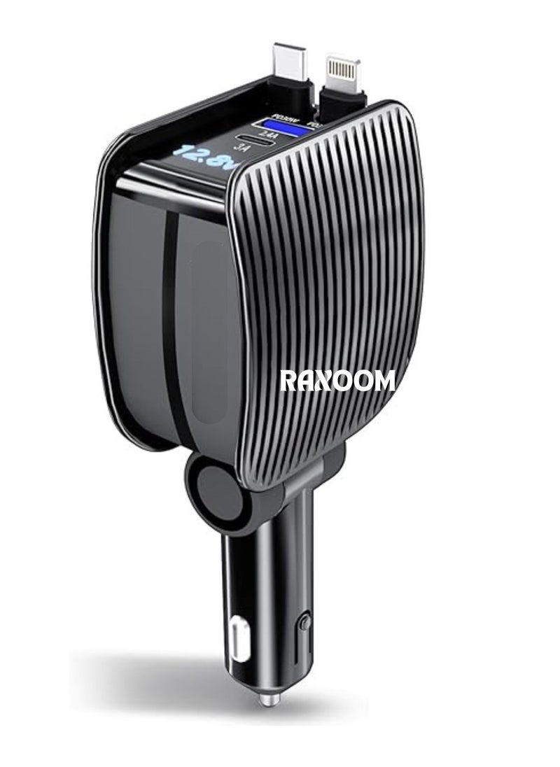 Car Charger 84W - Fast Charging 4-in-1 Adapter with Collapsible Lightning & Type C Cables, Dual USB Ports & Voltage Display - 84W Compatible with iPhone, iPad, Galaxy -Powerfull Output