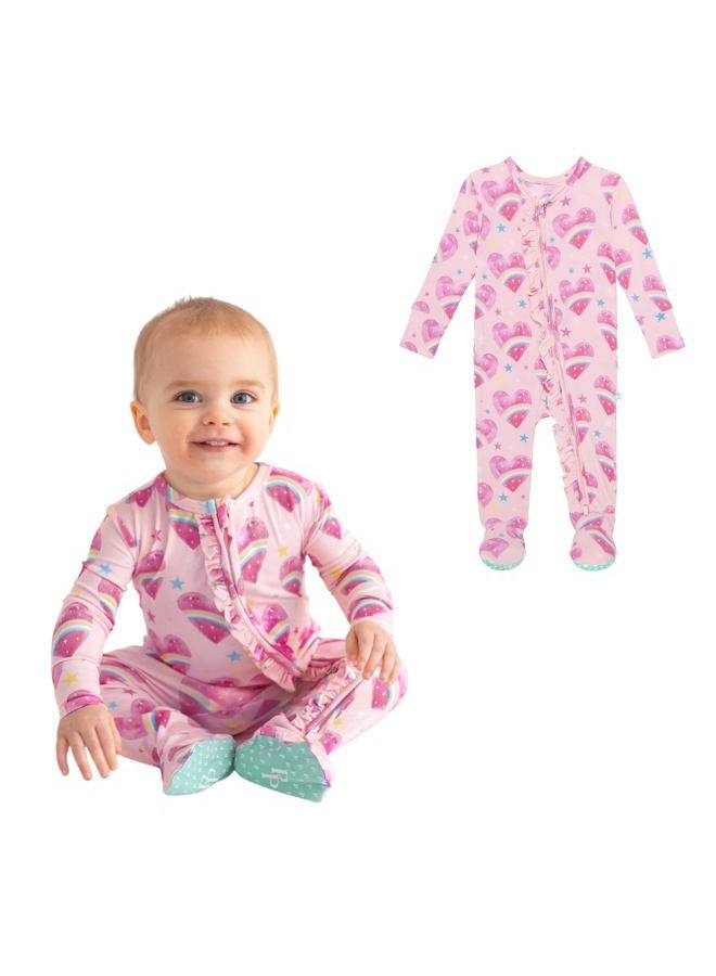 Posh Peanut Baby Footie Ruffled Zippered Rompers - Little Kids Clothes - Girls One Piece PJ - Soft Viscose from Bamboo (Rainbow Hearts, 6-9 Months) - Image 1
