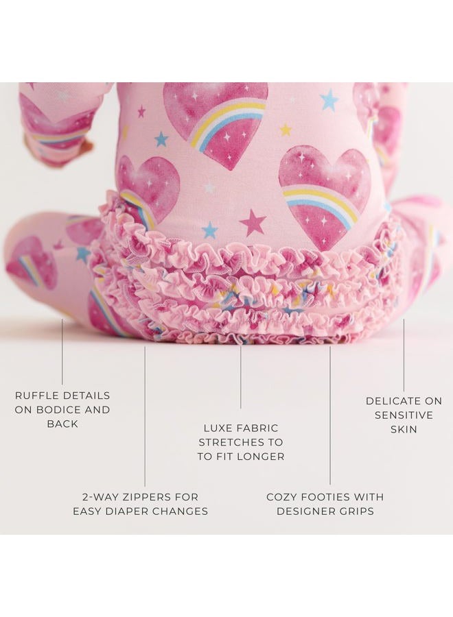 Posh Peanut Baby Footie Ruffled Zippered Rompers - Little Kids Clothes - Girls One Piece PJ - Soft Viscose from Bamboo (Rainbow Hearts, 6-9 Months) - Image 4