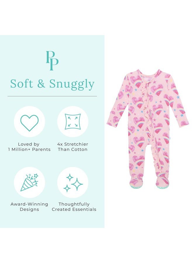 Posh Peanut Baby Footie Ruffled Zippered Rompers - Little Kids Clothes - Girls One Piece PJ - Soft Viscose from Bamboo (Rainbow Hearts, 6-9 Months) - Image 3