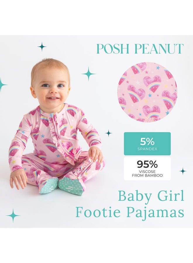 Posh Peanut Baby Footie Ruffled Zippered Rompers - Little Kids Clothes - Girls One Piece PJ - Soft Viscose from Bamboo (Rainbow Hearts, 6-9 Months) - Image 2